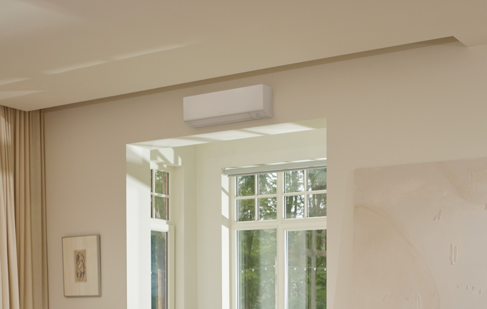 Wall mounted air conditioning installed in a bright living room, showing the standard of finish behind our pricing in Reading and Berkshire